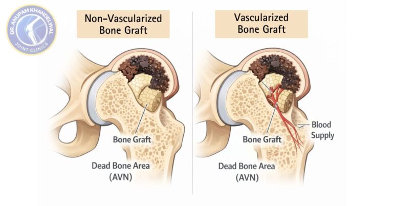 Diagram showing types of bone grafting (Vascularized & Non-Vascularized) surgery for (AVN).
