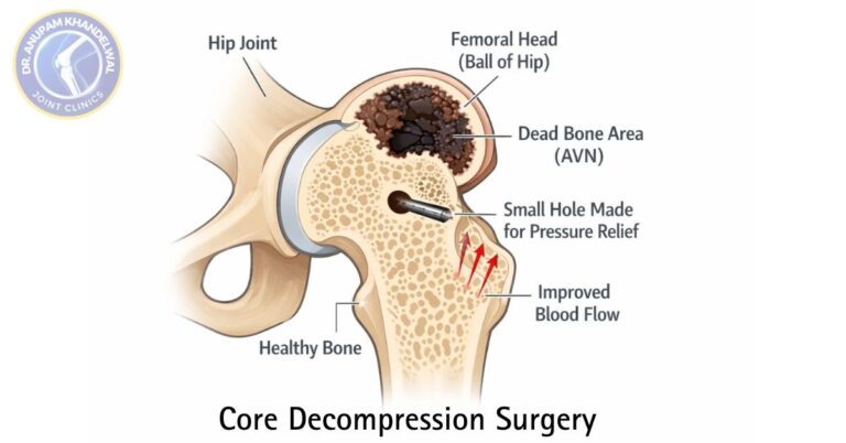 Diagram explaining core decompression surgery for Avascular Necrosis (AVN) treatment in Indore