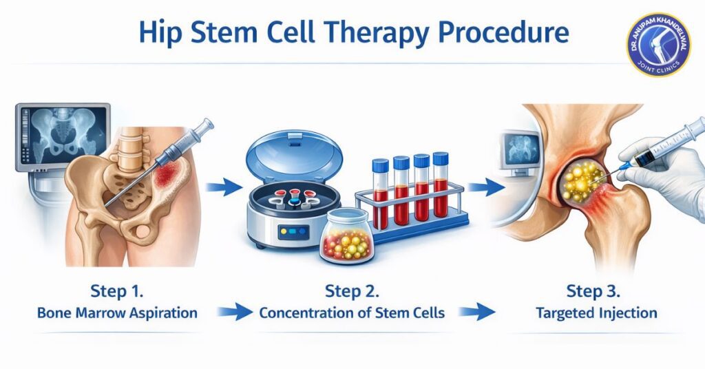 Hip stem cell therapy in Indore showing bone marrow aspiration from pelvic bone, stem cell concentration, and targeted injection into the hip joint