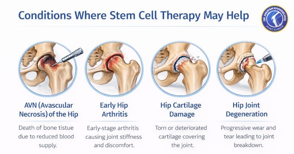 Infographic showing conditions treated with hip stem cell therapy in Indore including AVN hip, early hip arthritis, hip cartilage damage and hip joint degeneration