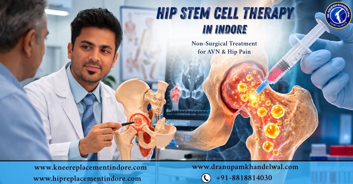 Hip stem cell therapy in Indore explained by Dr Anupam Khandelwal using a hip joint model with illustration of stem cell injection for AVN hip treatment