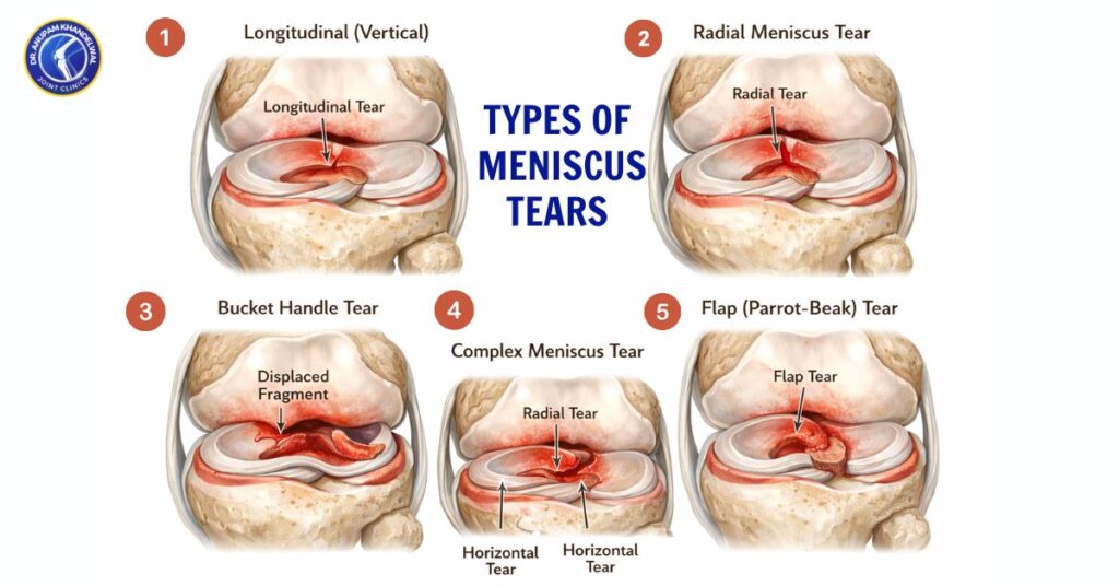 Medical illustration showing different types of meniscus tears in the knee including longitudinal tear, radial tear, bucket handle tear, flap tear, and complex meniscus tear explaining causes and Meniscus Tear treatment in Indore.