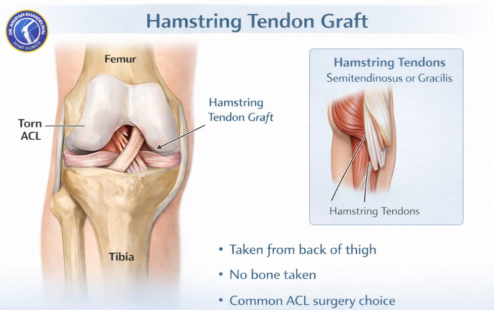 Hamstring tendon graft used in ACL reconstruction surgery showing knee joint and tendon from back of thigh, which graft is best for ACL reconstruction