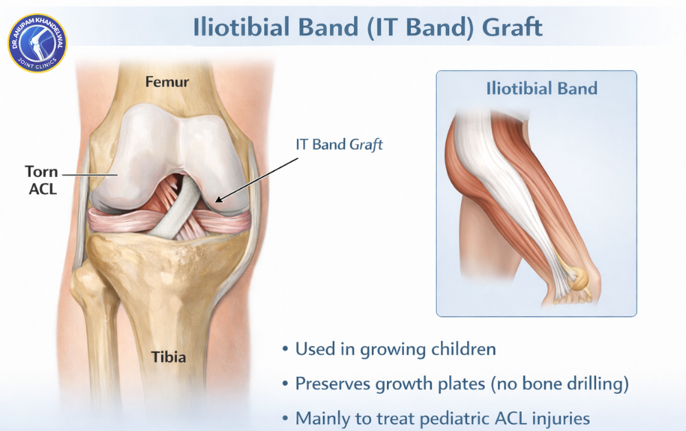 Iliotibial band graft used in ACL reconstruction showing knee joint and IT band from outer thigh, which graft is best for ACL reconstruction