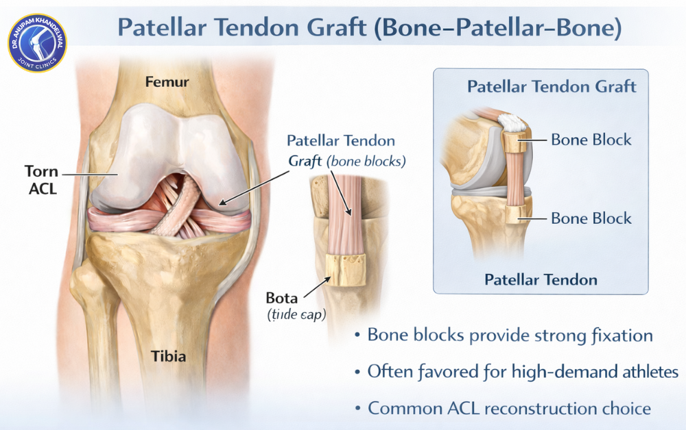 Patellar tendon graft bone patellar bone used in ACL reconstruction surgery showing knee joint and graft fixation, which graft is best for ACL reconstruction