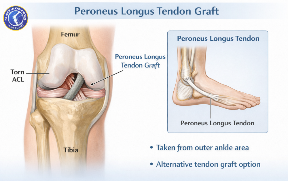 Peroneus longus tendon graft used in ACL reconstruction showing knee joint and tendon taken from ankle, which graft is best for ACL reconstruction
