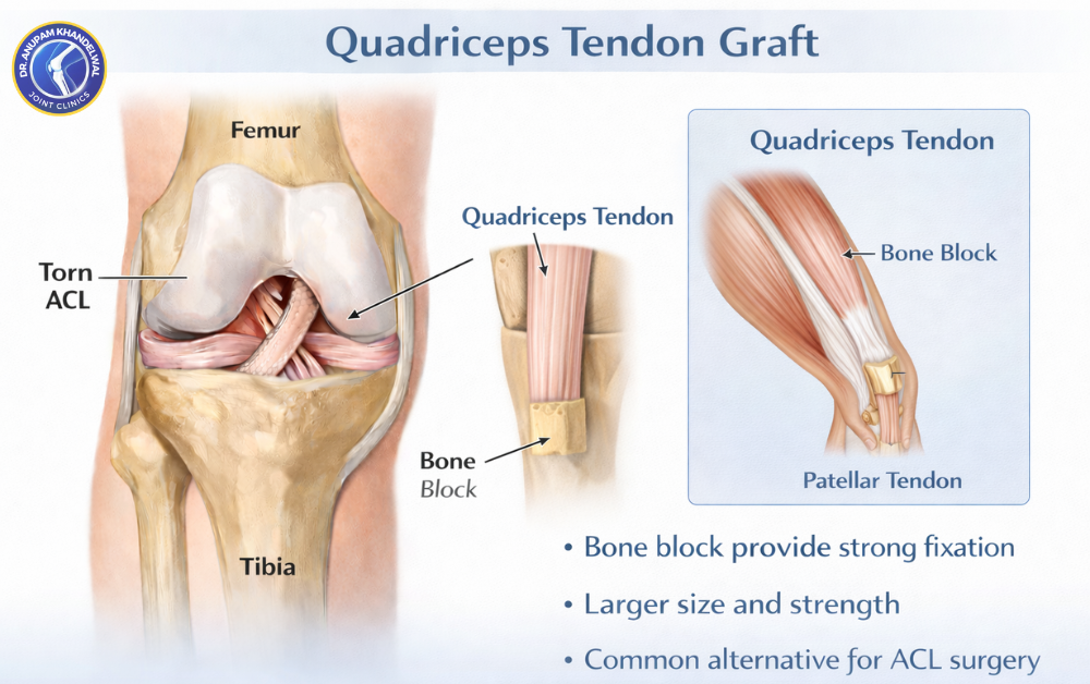 Quadriceps tendon graft used in ACL reconstruction surgery showing knee joint and graft taken from above kneecap, which graft is best for ACL reconstruction