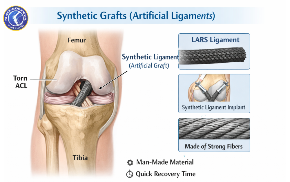 Synthetic graft artificial ligament used in ACL reconstruction showing knee joint with artificial ligament replacement, which graft is best for ACL reconstruction