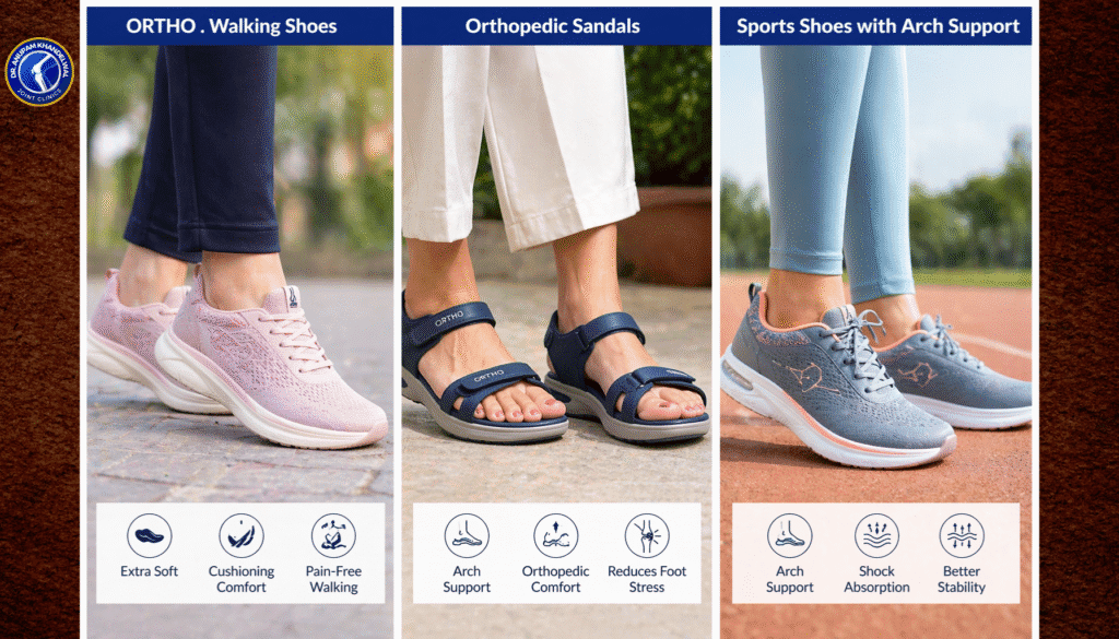 Orthopedic footwear for women including walking shoes, orthopedic sandals and sports shoes with arch support