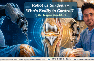 Robotic knee replacement surgery showing robot vs surgeon control with Dr Anupam Khandelwal performing procedure in operation theatre