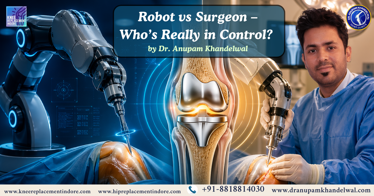 Robotic knee replacement surgery showing robot vs surgeon control with Dr Anupam Khandelwal performing procedure in operation theatre