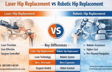 Infographic comparing Laser Hip Replacement vs Robotic Hip Replacement showing differences in precision, cost, surgeon control, and technology used