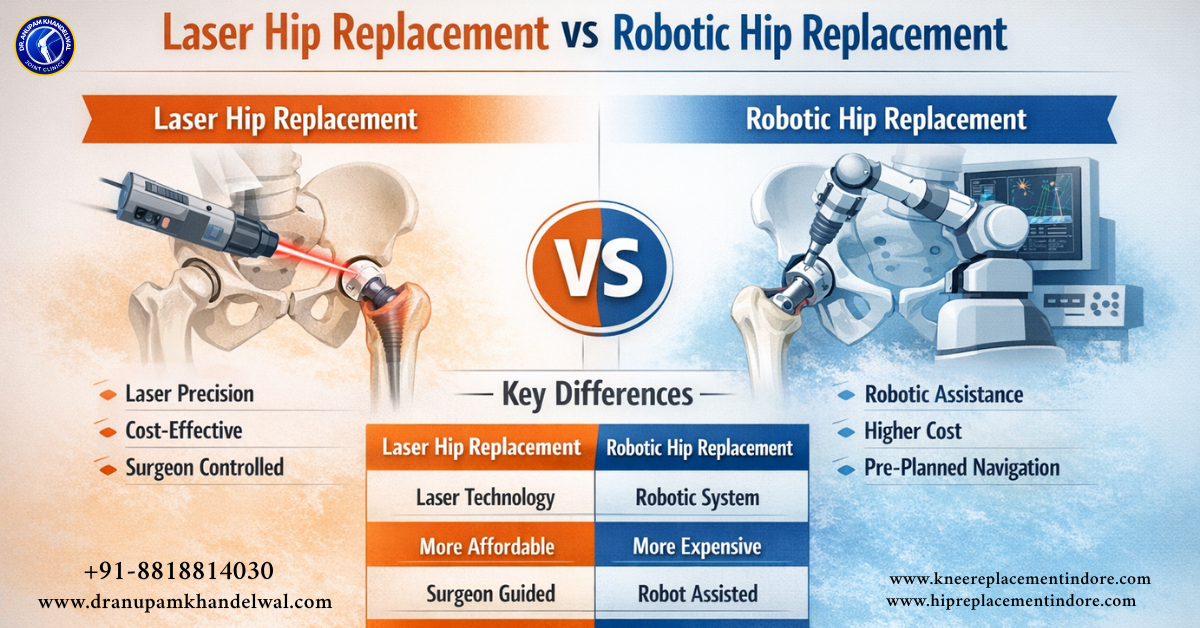 Infographic comparing Laser Hip Replacement vs Robotic Hip Replacement showing differences in precision, cost, surgeon control, and technology used