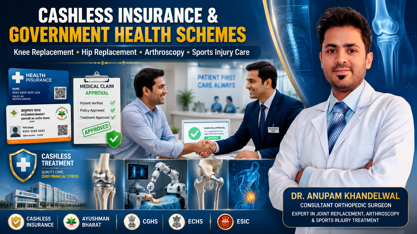 Dr. Anupam Khandelwal with cashless insurance, Ayushman Bharat, CGHS, ECHS, ESIC facilities, knee replacement, hip replacement, arthroscopy and orthopedic treatment in Indore.