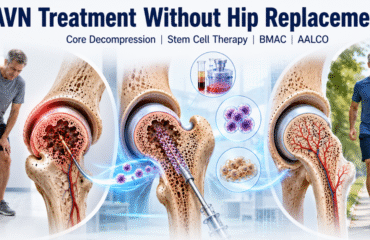 Featured medical illustration showing AVN hip damage, hip preservation treatments including Core Decompression, Stem Cell Therapy, BMAC, and AALCO, leading to a healthy preserved natural hip without Hip Replacement.