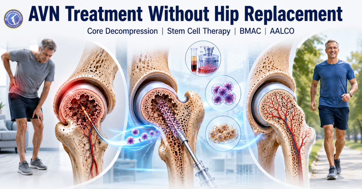 Featured medical illustration showing AVN hip damage, hip preservation treatments including Core Decompression, Stem Cell Therapy, BMAC, and AALCO, leading to a healthy preserved natural hip without Hip Replacement.