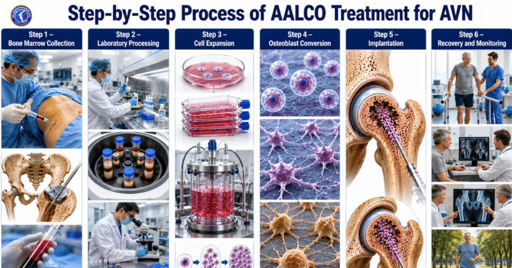 Medical infographic illustrating the step-by-step AALCO therapy process for AVN, including bone marrow collection, laboratory cell expansion, osteoblast conversion, implantation into the hip, and recovery.