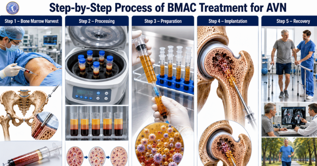 Medical infographic showing the step-by-step BMAC therapy process for AVN, including bone marrow harvesting, centrifuge processing, preparation of concentrated cells, implantation into the hip, and recovery.