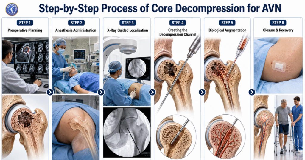 Medical infographic showing the step-by-step Core Decompression procedure for AVN, including preoperative planning, X-ray guidance, decompression channel creation, biological augmentation, and recovery.