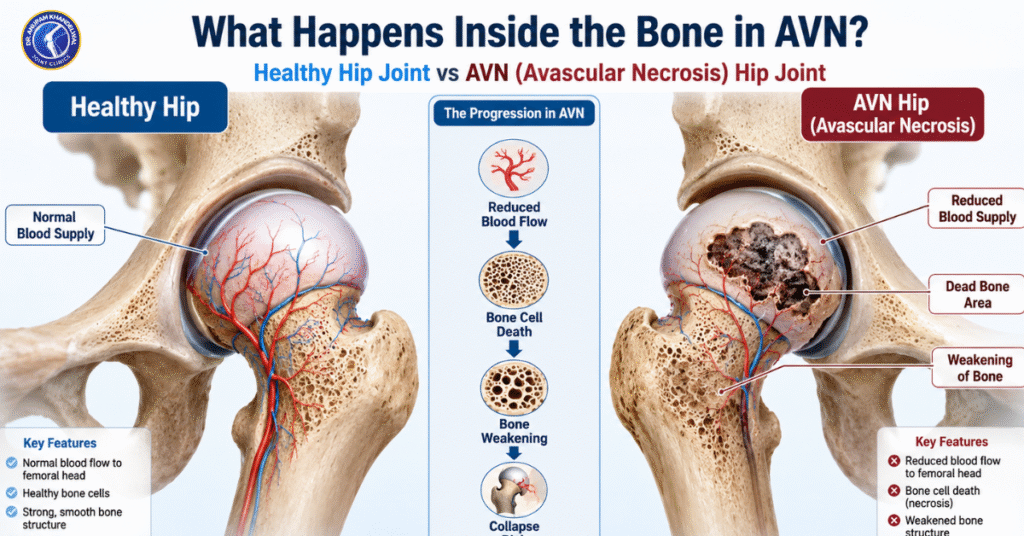 Medical illustration showing a healthy hip with normal blood supply compared to an AVN hip with reduced blood flow, dead bone area, and bone weakening, explaining AVN Treatment Without Hip Replacement.