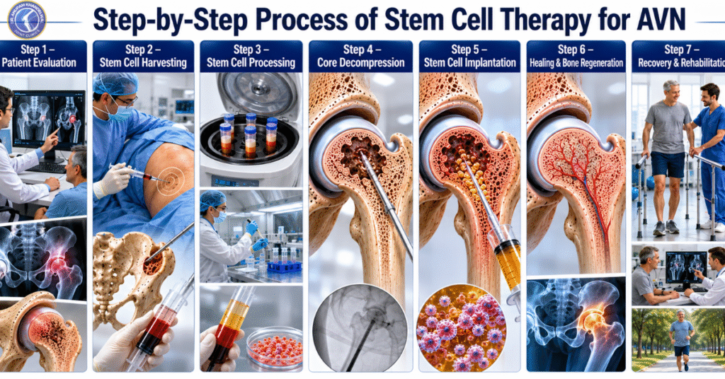 Medical infographic illustrating the step-by-step Stem Cell Therapy process for AVN, including patient evaluation, stem cell harvesting, processing, implantation, bone regeneration, and recovery.