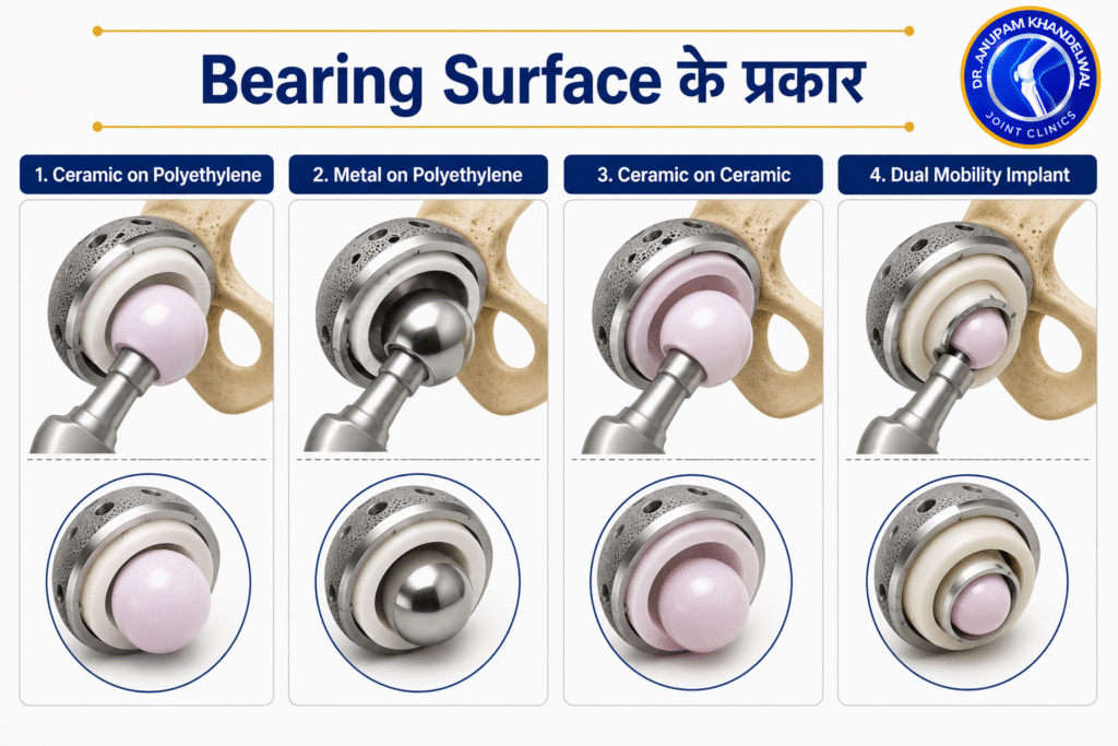 Comparison image of Bearing Surface Types in Hip Replacement Surgery showing Ceramic on Polyethylene, Metal on Polyethylene, Ceramic on Ceramic and Dual Mobility Implant as part of हिप रिप्लेसमेंट इम्प्लांट के प्रकार.