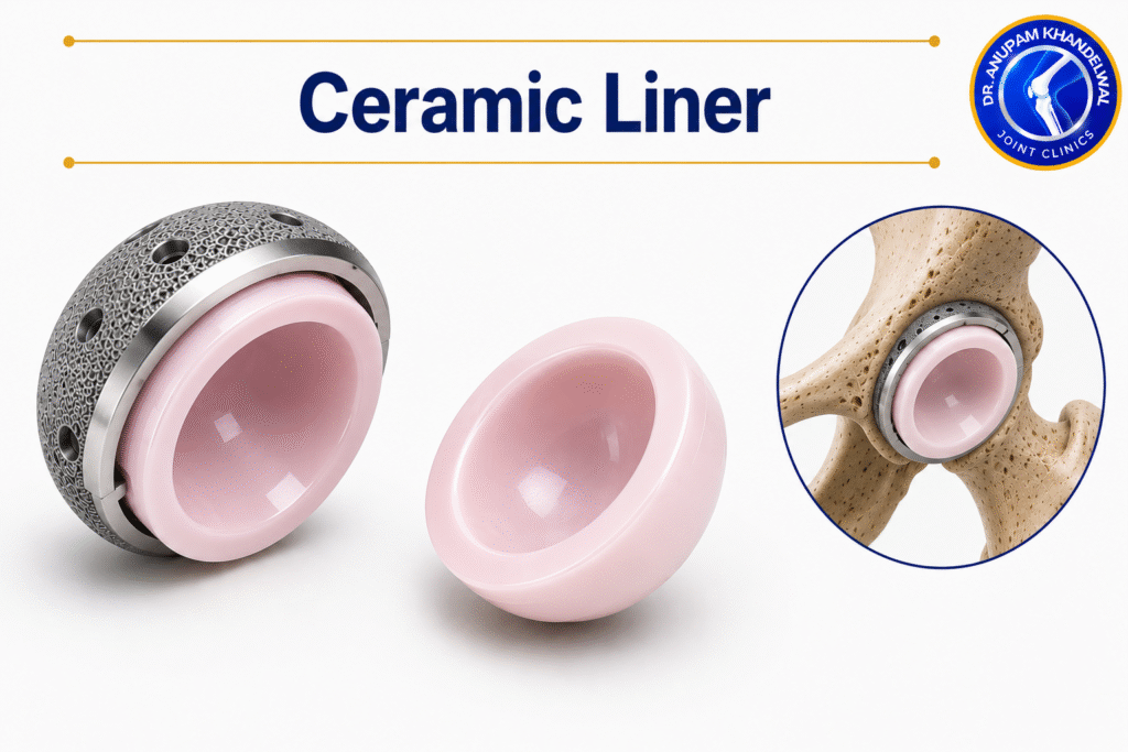 Ceramic Liner Implant used in Hip Replacement Surgery, showing an advanced liner among हिप रिप्लेसमेंट इम्प्लांट के प्रकार for Artificial Hip Joint replacement.