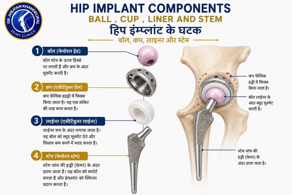 Hip Implant Components showing Femoral Head (Hip Ball), Acetabular Cup, Liner and Femoral Stem used in हिप रिप्लेसमेंट इम्प्लांट के प्रकार (Hip Replacement Implant Types).