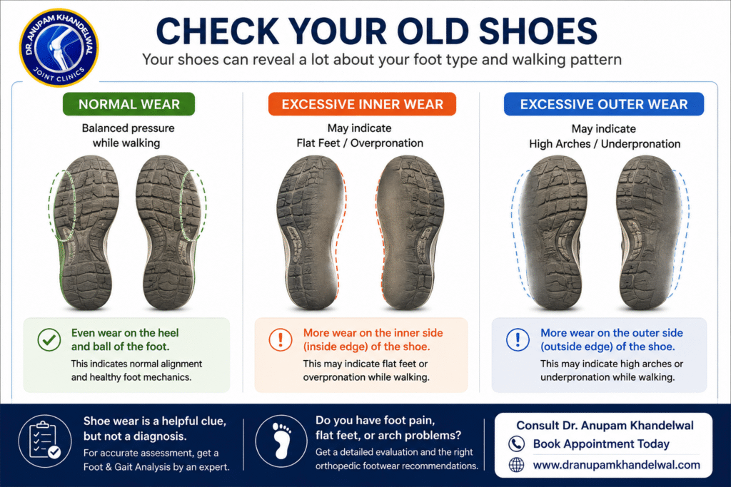 Check your old shoes infographic showing shoe wear patterns to identify foot type before choosing the best orthopedic footwear for women