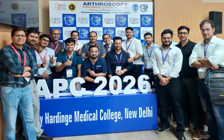 Dr. Anupam Khandelwal with orthopedic surgeons at the Advanced Knee & Shoulder Arthroscopy Workshop at LHMC, New Delhi.