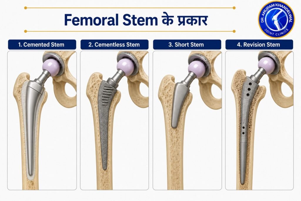 Comparison image of Femoral Stem Types including Cemented Stem, Cementless Stem, Short Stem and Revision Stem used in Hip Replacement Surgery as part of हिप रिप्लेसमेंट इम्प्लांट के प्रकार.