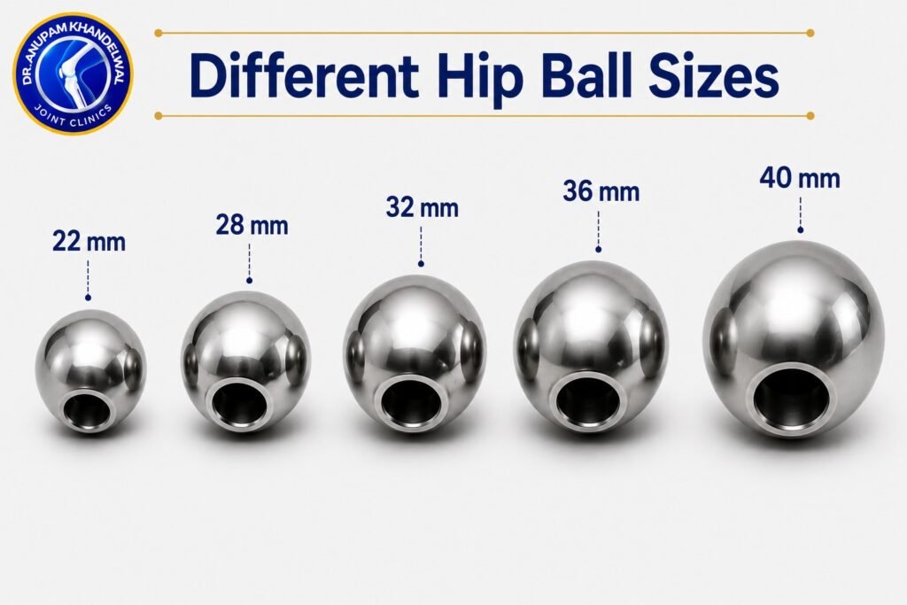 Hip Ball Sizes (22 mm, 28 mm, 32 mm, 36 mm and 40 mm Femoral Head) used in Hip Replacement Surgery as part of हिप रिप्लेसमेंट इम्प्लांट के प्रकार.
