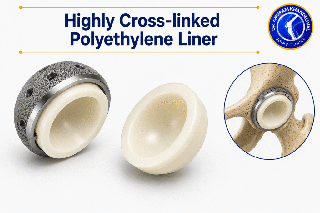 Highly Cross-linked Polyethylene (HXLPE) Liner Implant used in Hip Replacement Surgery, showing an advanced liner among हिप रिप्लेसमेंट इम्प्लांट के प्रकार for Artificial Hip Joint replacement.