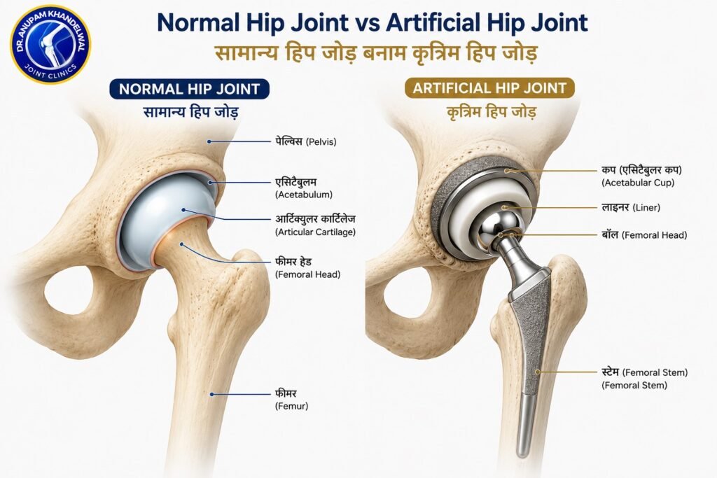 Normal Hip Joint vs Artificial Hip Joint comparison showing Hip Ball (Femoral Head), Acetabular Cup, Liner and Stem used in हिप रिप्लेसमेंट इम्प्लांट के प्रकार (Hip Replacement Implant Types).
