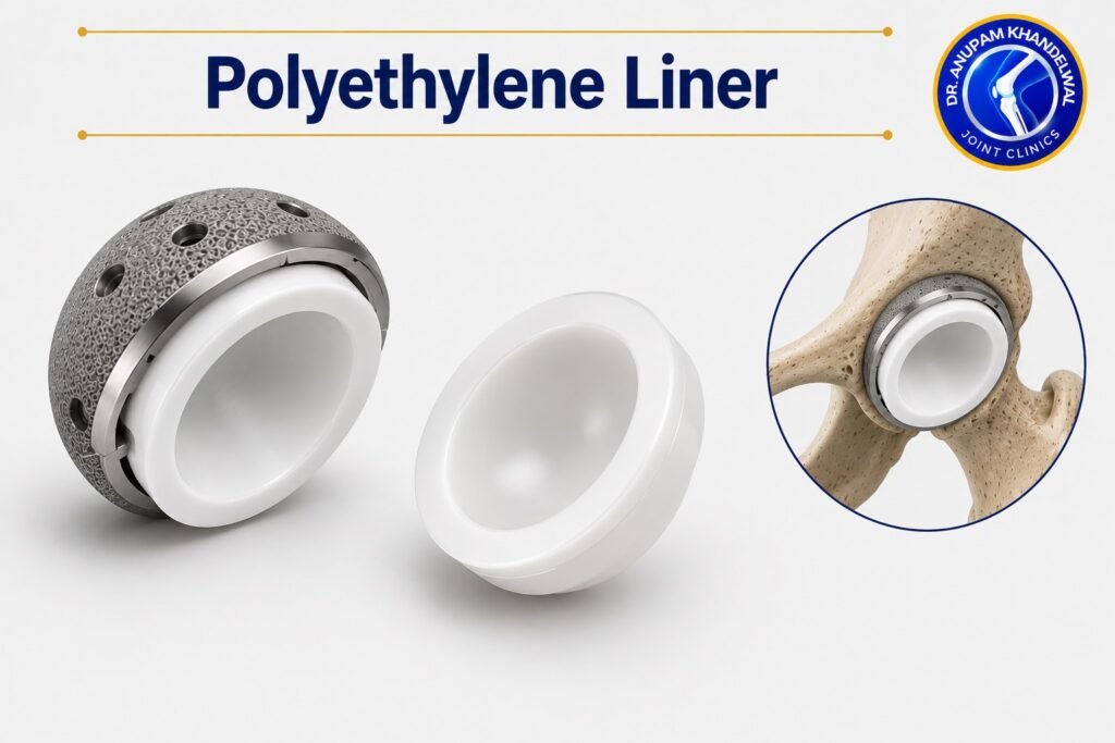 Polyethylene Liner Implant used inside the Acetabular Cup in Hip Replacement Surgery, showing one of the important हिप रिप्लेसमेंट इम्प्लांट के प्रकार components.