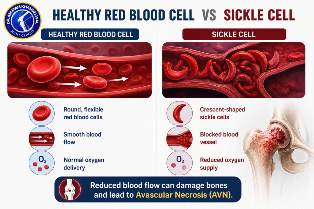 Healthy red blood cells vs sickle-shaped red blood cells showing how blocked blood flow can lead to Avascular Necrosis in Sickle Cell Disease.