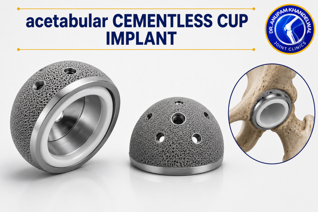 Cementless Acetabular Cup Implant used in Hip Replacement Surgery, showing one of the modern हिप रिप्लेसमेंट इम्प्लांट के प्रकार for Artificial Hip Joint replacement.