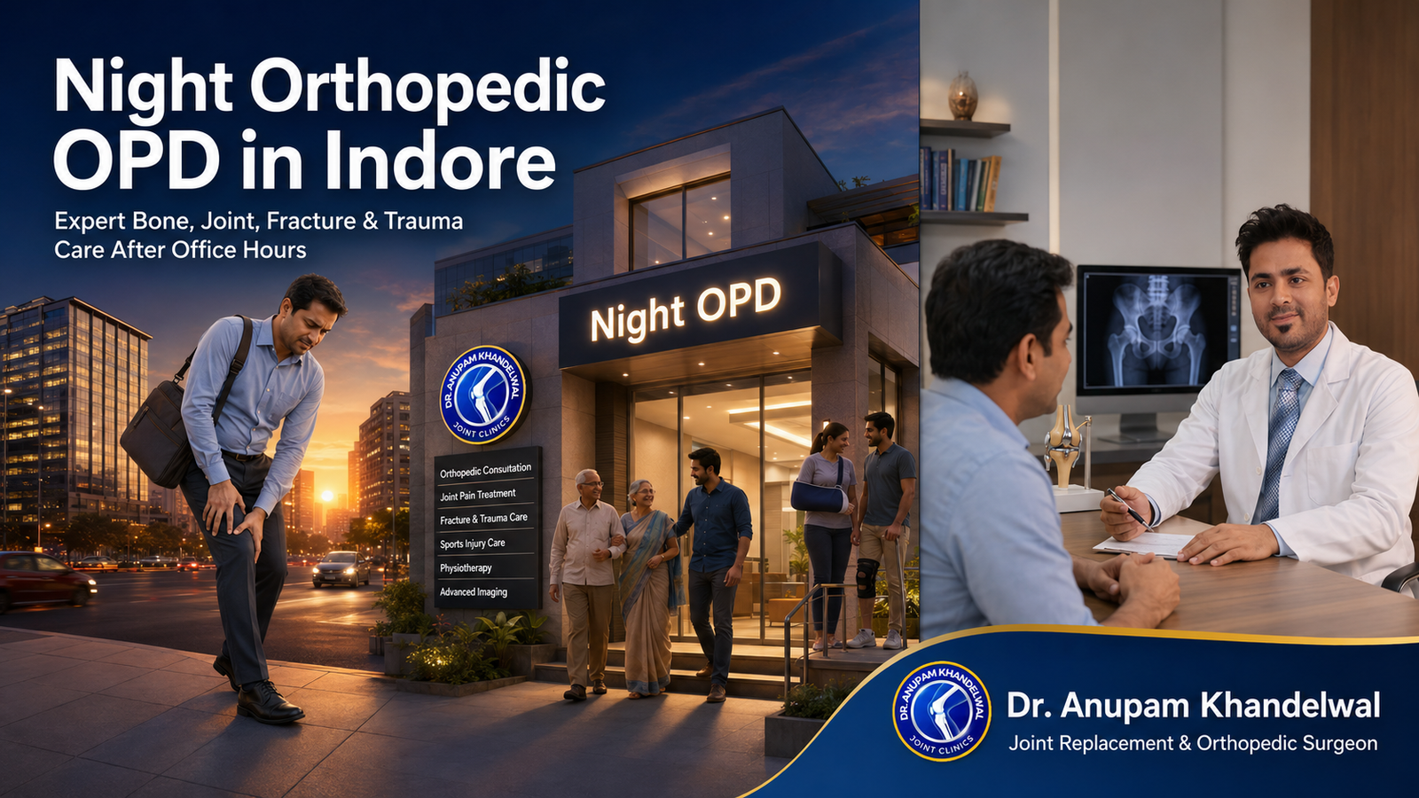 Night Orthopedic OPD in Indore showing Dr. Anupam Khandelwal providing evening orthopedic consultation for knee pain, fractures, trauma, and joint problems after office hours.