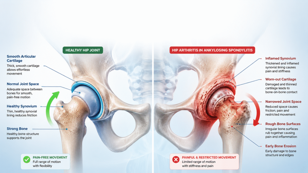 Comparison of a healthy hip joint and a hip affected by arthritis in Ankylosing Spondylitis showing cartilage loss, joint space narrowing, inflammation, and reduced mobility.