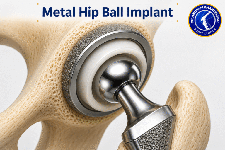 Metal Hip Ball Implant (Femoral Head) used in Hip Replacement Surgery, showing one of the common हिप रिप्लेसमेंट इम्प्लांट के प्रकार for Artificial Hip Joint replacement.