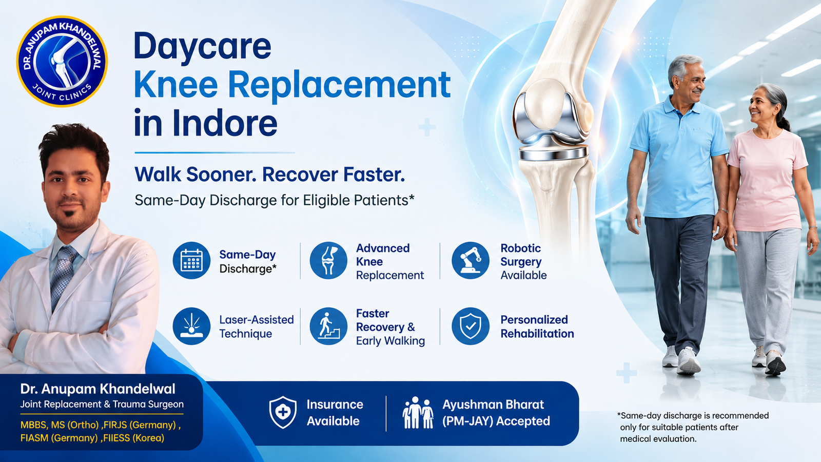 Daycare Knee Replacement in Indore by Dr. Anupam Khandelwal using advanced laser-assisted and robotic knee replacement techniques for faster recovery.