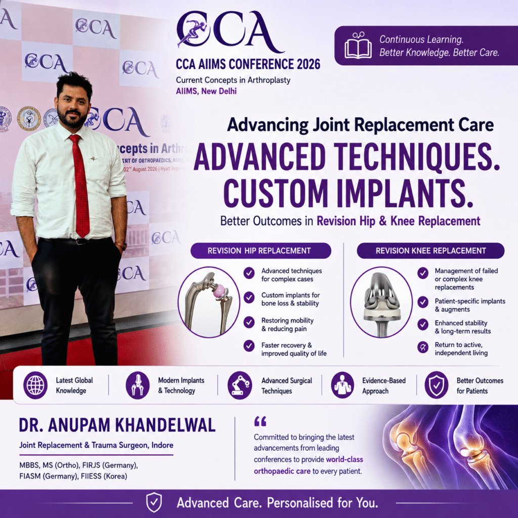 Dr. Anupam Khandelwal at CCA AIIMS Conference 2026 highlighting advanced techniques and custom implants for revision hip and knee replacement surgery.