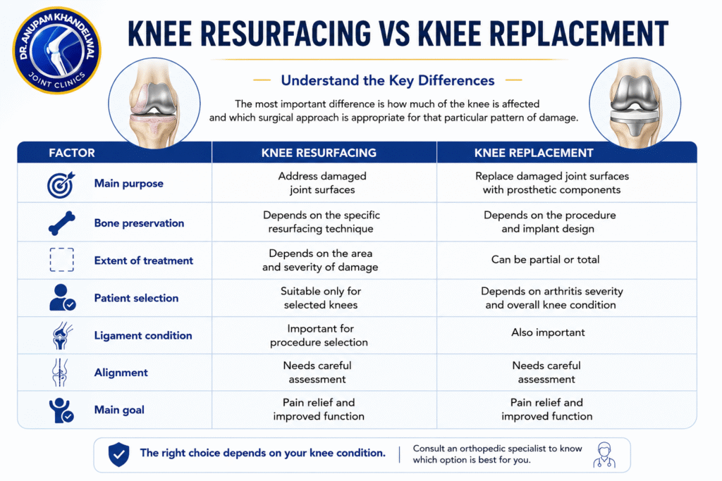 Knee resurfacing vs knee replacement comparison showing differences in treatment of damaged knee joint surfaces