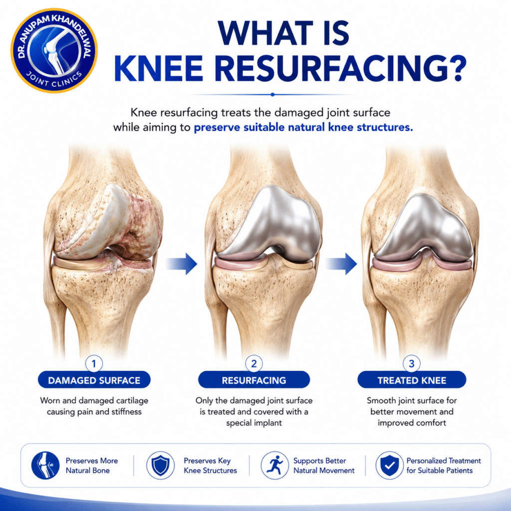 What is knee resurfacing showing damaged knee surface, resurfacing implant and treated knee joint