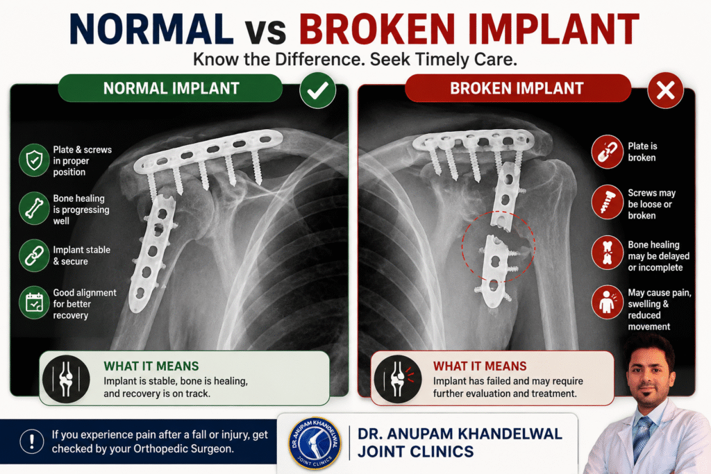 Comparison of a normal and broken orthopedic implant after shoulder surgery showing a stable fixation plate versus a broken shoulder implant on X-ray.