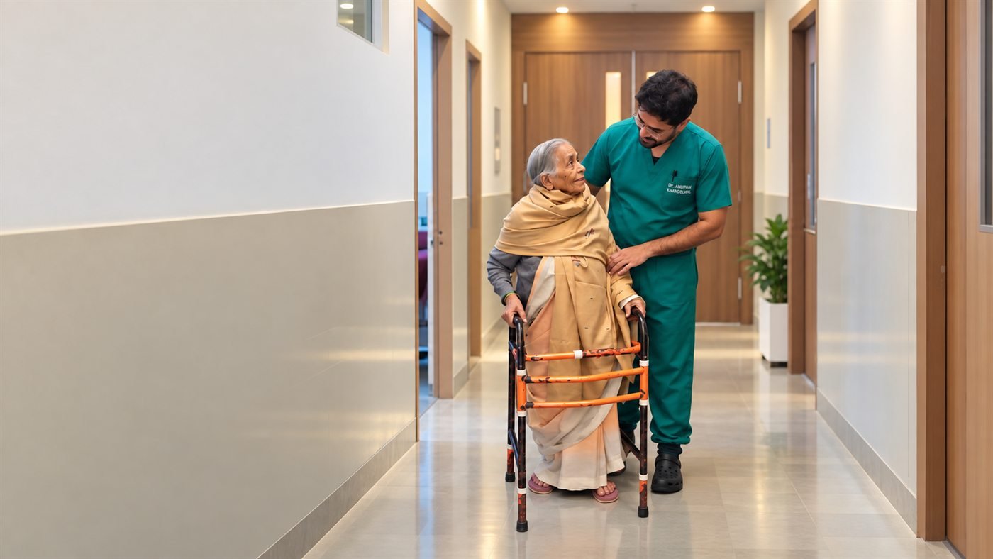 Dr. Anupam Khandelwal helping an elderly patient walk with support